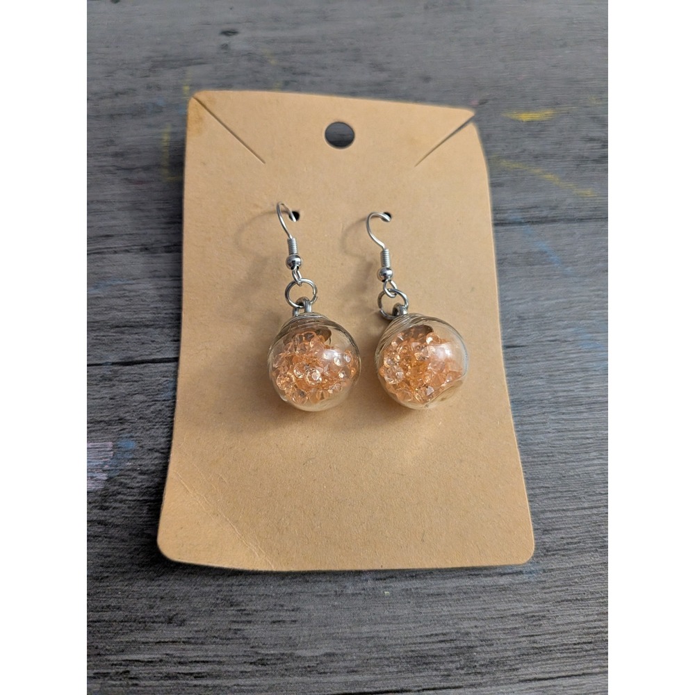 Handmade Peach Crystal Glass Globe Drop Earrings Silver Tone French Hooks